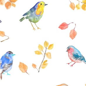 Colorful Watercolor Birds and Branches-Blue, Yellow, Orange-24" Fabric