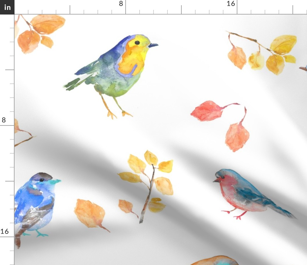 Colorful Watercolor Birds and Branches-Blue, Yellow, Orange-24" Fabric