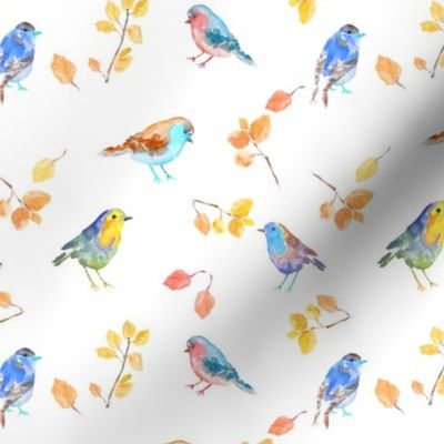 Colorful Watercolor Birds and Branches-Blue, Yellow, ORange-6" Fabric