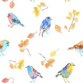 Colorful Watercolor Birds and Branches-Blue, Yellow, ORange-6" Fabric