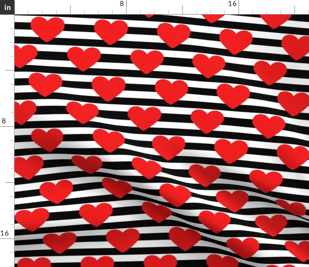 Valentine’s Day red hearts on black and white stripes