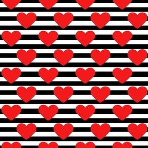 Tiny valentine’s day red hearts on black and white stripes