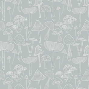 Medium // Woodland mushroom line drawing // Pale blue monochromatic