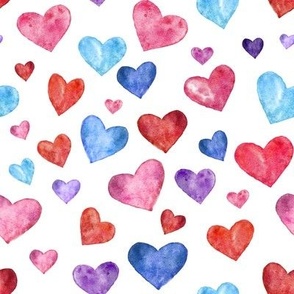 Watercolor hearts tossed, red pink blue purple, 8" medium