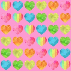 rainbow hearts pink bg