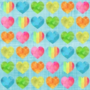 rainbow hearts blue linen