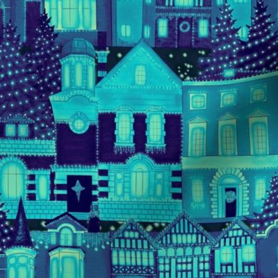 Christmas City Lights London houses at night blue