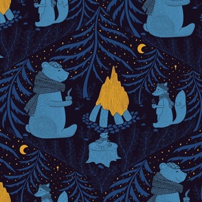 Deep in the Woods Cozy by the Fire Night Woodland Friends Midnight blue