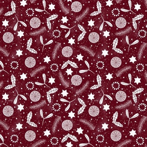 Festive Christmas print_ orange_ stars_ mistletoe_ holly and pine tree branch on burgundy red