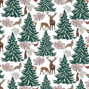 Snowing Winter Forest Woodland animals on white