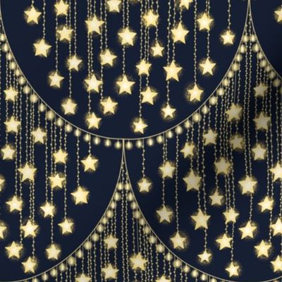 Sparkling Golden Stars Christmas String  Lights on deep blue