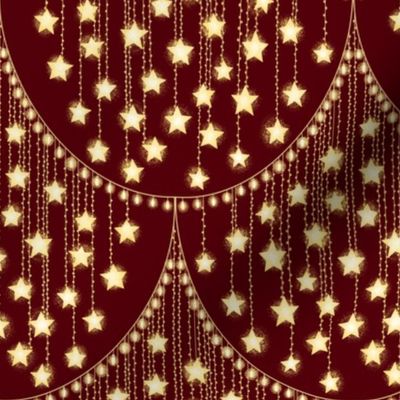 Sparkling Golden Stars Christmas String  Lights on deep red