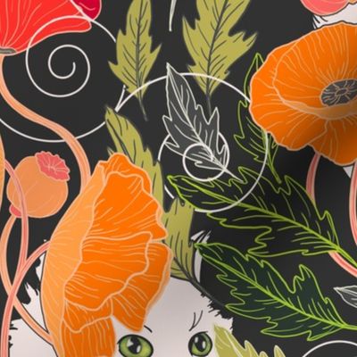 Purrfect Poppy Art Nouveau - red and orange on charcoal 