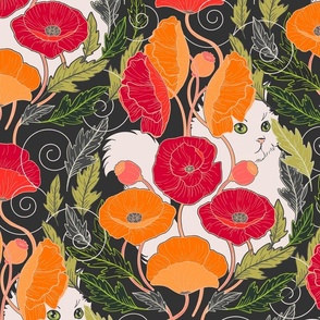 Purrfect Poppy Art Nouveau - red and orange on charcoal 