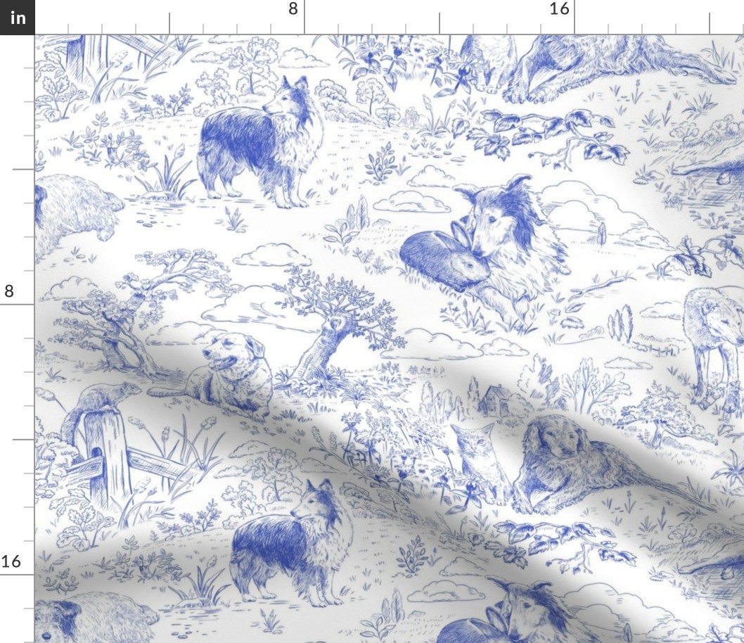 Country Dogs Toile Blue on White