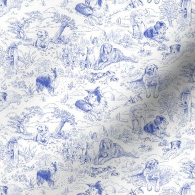 Country Dogs Toile Blue on White Small