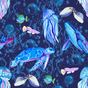 Underwater World Watercolor No. 1 Navy Blue - Large Version