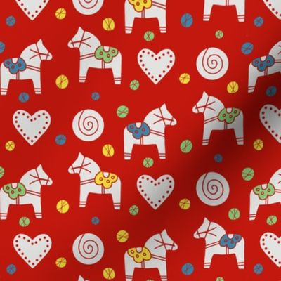 Swedish Dala Horse Hearts and Buns on Red Medium