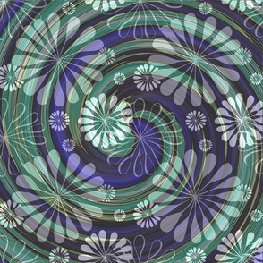Floating White Flowers Over Green and Purple Swirls