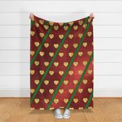 Gold Hearts on a Red Shiny Background with Green Diagonal Lines 