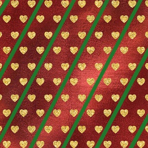 Gold Hearts on a Red Shiny Background with Green Diagonal Lines 