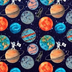Ditsy Style Planets Astronauts and Rocket Ships on a Starry Sky 