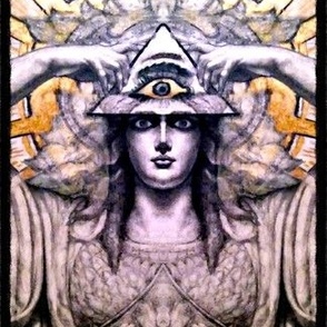 goddess 3rd third eye all seeing eyes providence Illuminati Freemasons triangle Templar knights spiritual occult gold  yellow alchemy beautiful woman black white grey monochromatic  light glow rays glowing sacred geometry Masonic rituals symbolism symbols