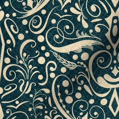 Dark Blue Botanical Damask / Medium Scale