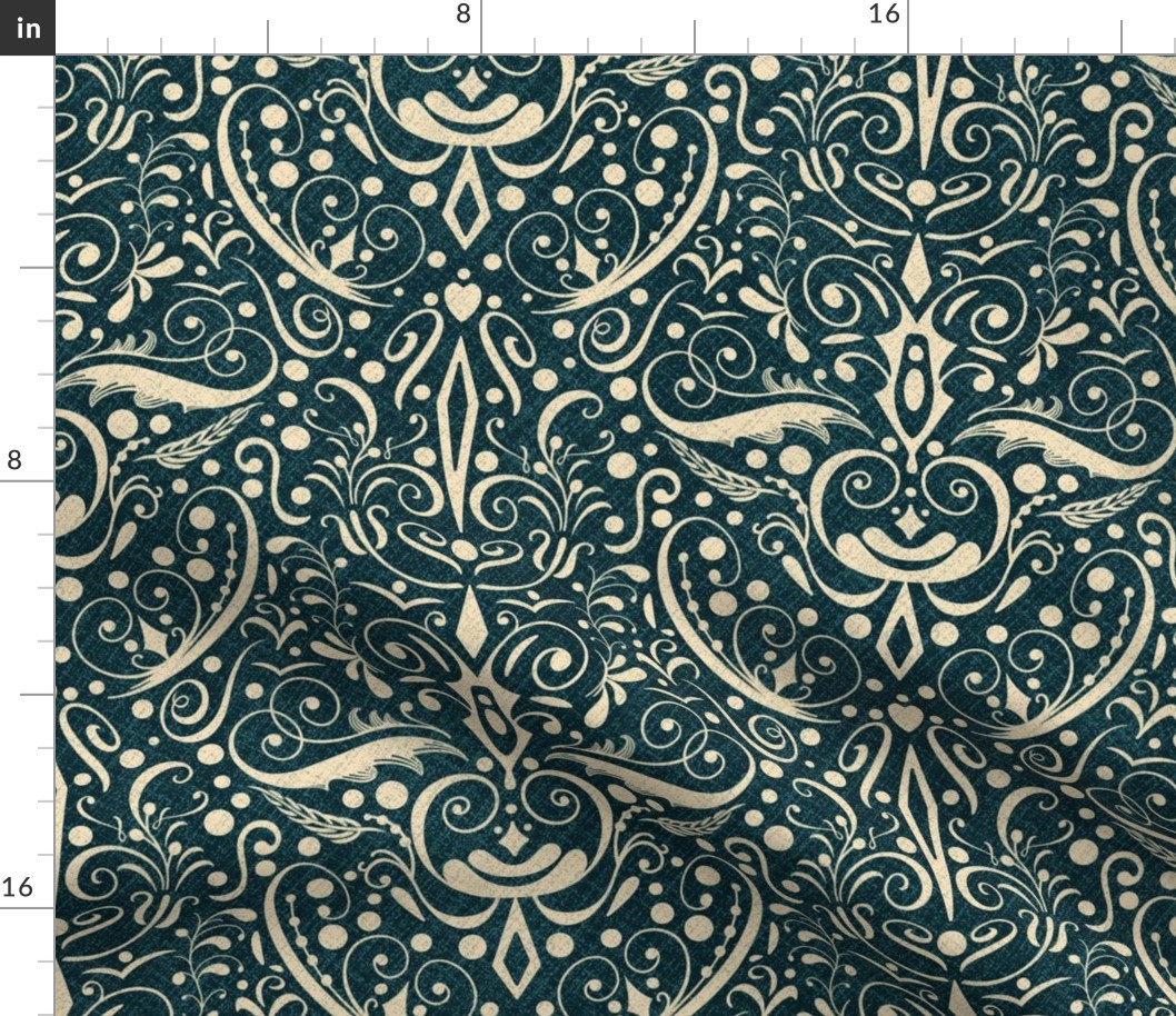 Dark Blue Botanical Damask / Medium Scale