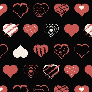 Modern Valentines Day Hearts on black - large, wallpaper, bedding