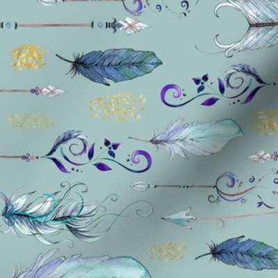 Watercolour Boho Feathers and Arrows on Blue 2 (medium)