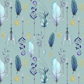 Watercolour Boho Feathers and Arrows on Blue (Large)
