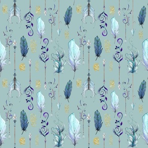 Watercolour Boho Feathers and Arrows on Blue (Medium)