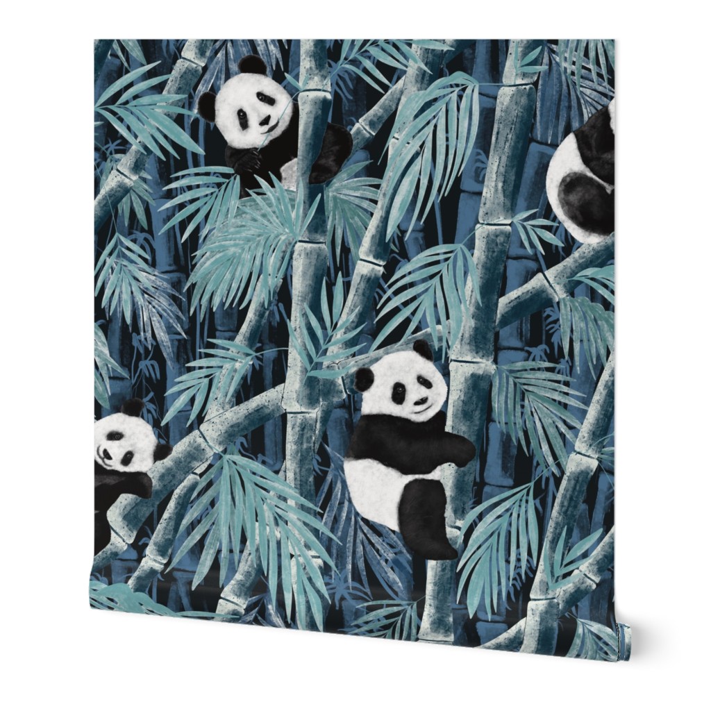 Giant Panda in the Bamboo Forest blue shades dark Background