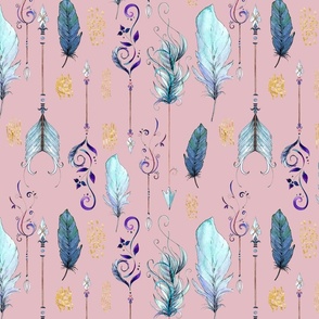 Watercolour Boho Feathers and Arrows on Pink 1 (Large)