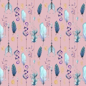 Watercolour Boho Feathers and Arrows on Pink 1 (Medium)