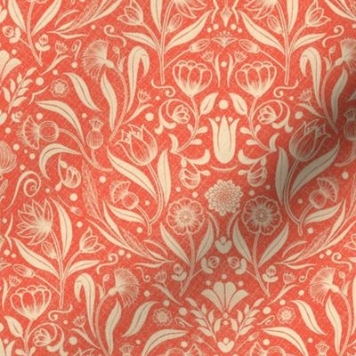 Prewashed Coral Floral Damask / Small Scale