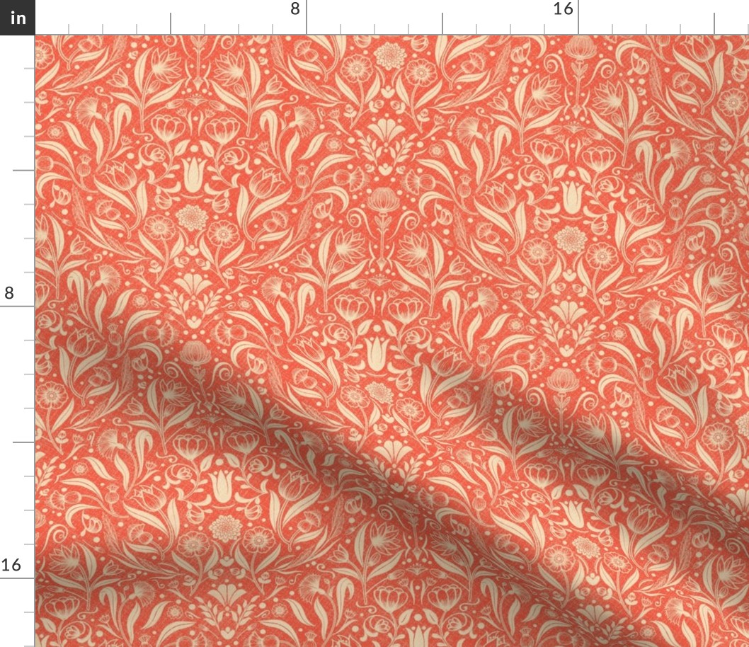 Prewashed Coral Floral Damask / Small Scale