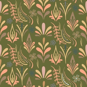 Boho Nordic Peach Florals on Green (medium)