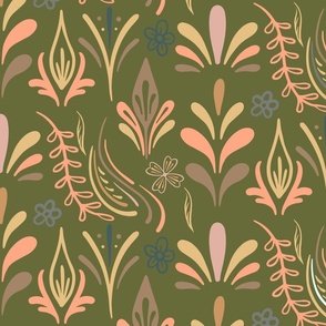 Boho Nordic Peach Florals on Green (Large)