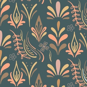 Boho Nordic Peach Florals on Dusty Blue (Large)
