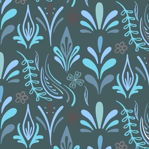 Boho Nordic Blue Florals on Green (Large)