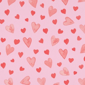 Red Watercolor Hearts on pink Background| Large Scale