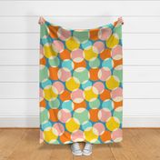 Soft Focus Abstract Geometric Mid-Century Modern Retro Spots in Green Blue Pink Yellow Orange Cream on Bright Blue - LARGE Scale - UnBlink Studio by Jackie Tahara