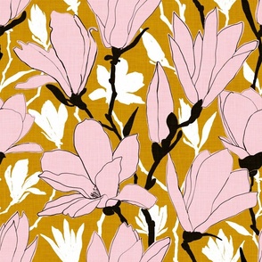 Painted Pink and White Magnolia on mustard