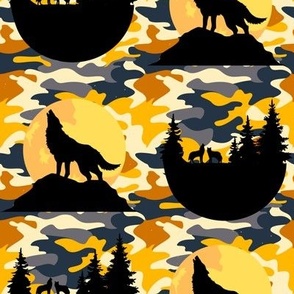 Black stamped wolves on sunset Camo 