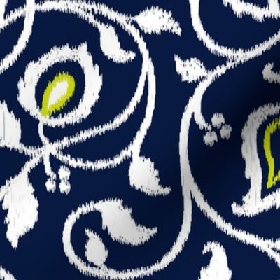 Spring paisley Ikat vines - white and chartreuse on midnight blue - Ethnic Floral - large