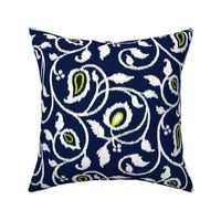 Spring paisley Ikat vines - white and chartreuse on midnight blue - Ethnic Floral - large