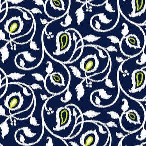Spring paisley Ikat vines - white and chartreuse on midnight blue - Ethnic Floral - large