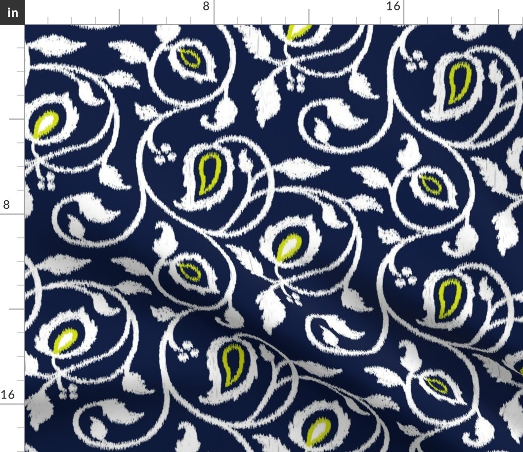 Spring paisley Ikat vines - white and chartreuse on midnight blue - Ethnic Floral - large